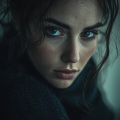 Fototapeta premium Young Woman with Intense Gaze and Freckles – Captivating and Graceful Portrait