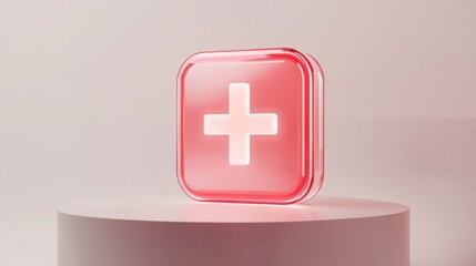 Fototapeta premium Red Glass Medical Plus Icon on Minimalist Pink Pedestal Clean Modern Healthcare Symbol