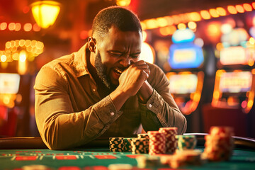 Young Black man shows frustration while gambling at a casino table late at night
