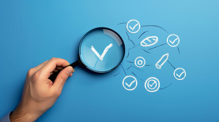Quality Control and Certification Assurance Concept. Hand holding magnifying glass over checkmark symbol, alongside icons representing quality control, certification, and assurance on blue background.