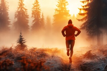 Fototapeta premium A gothic-style jogger running through a misty forest at dusk, with eerie lighting and looming shadows