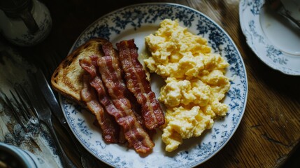 Naklejka premium A plate of crispy bacon arranged alongside freshly buttered toast and scrambled eggs, served on a wooden table for breakfast.