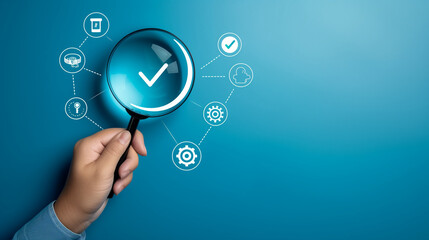 Quality Control and Certification Assurance Concept. Hand holding magnifying glass over checkmark symbol, alongside icons representing quality control, certification, and assurance on blue background.