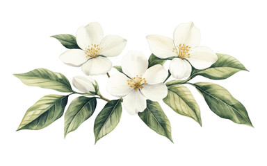 A botanical illustration featuring white flowers and green leaves