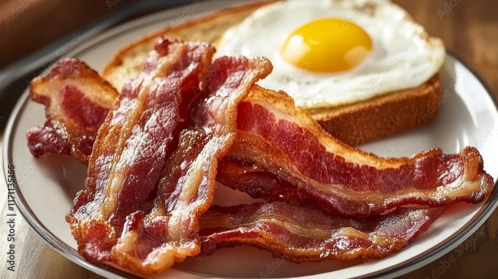 Poster A plate of crispy bacon next to a slice of buttered toast and a fried egg, creating a hearty breakfast spread on a wooden table.