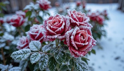 Close-up of frosty winter roses in a delicate mood against a soft, icy backdrop