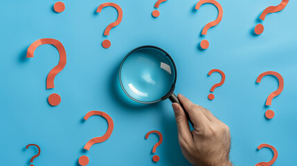 Question Mark and Root Cause Analysis Concept. A hand holding a magnifying glass over a large question mark surrounded by smaller ones on a blue background, symbolizing analysis and problem-solving.