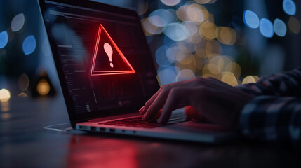 Scam Alert Warning with Cybersecurity Icons. A person using laptop, warning sign for scams with icons representing online threats, phishing, and cybersecurity. Unknown person, suspicious scammer, 