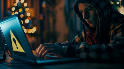 Scam Alert Warning with Cybersecurity Icons. A person using laptop, warning sign for scams with icons representing online threats, phishing, and cybersecurity. Unknown person, suspicious scammer, 