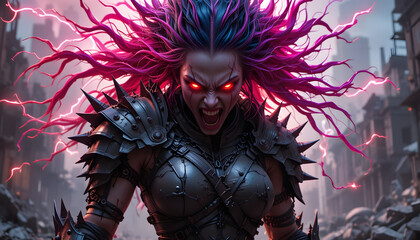 Furious warrior woman with glowing hair and eyes in post-apocalyptic city.