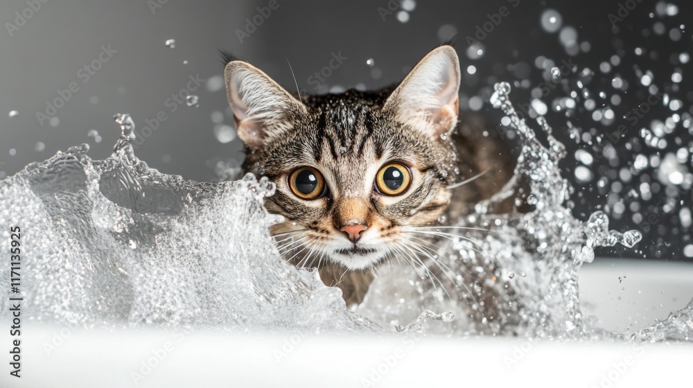 Poster a playful moment captured as a cat tries to escape from a bathtub, with water splashing around and i