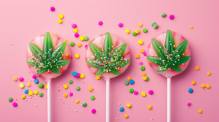 Vibrant cannabis leaf-shaped lollipops with colorful sprinkles on pink pastel background. Edible concept, fun design, sweet treat advertising.