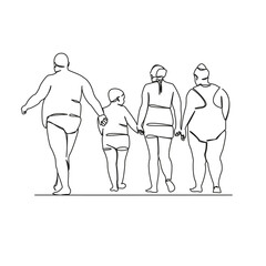 One continuous single drawing line art flat doodle fat family on the beach, gluttony, disease, food culture, medicine, rest. Isolated image hand draw contour on a white background, hand drawn