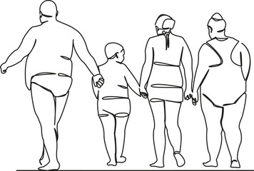 One continuous single drawing line art flat doodle fat family on the beach, gluttony, disease, food culture, medicine, rest. Isolated image hand draw contour on a white background, hand drawn