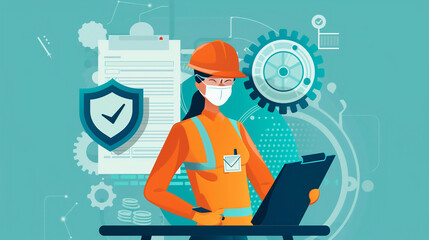 Work Safety and Compliance Concept, Safety First, A person with work safety and compliance icons, including a shield, hard hat, checklist, workplace safety, health protocols, and regulatory compliance