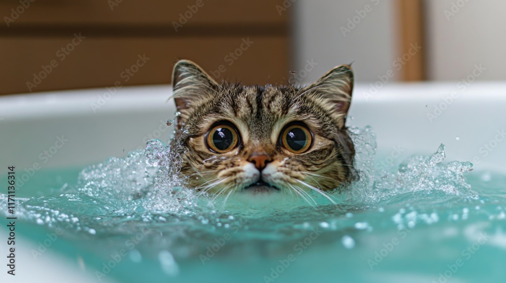 Poster a playful moment captured as a cat tries to escape from a bathtub, with water splashing around and i