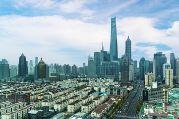 Fototapeta premium Shanghai cityscapes, skyline, high rise skyscrapers office buildings and resident zone with blue sky and cloud in Shanghai city, China