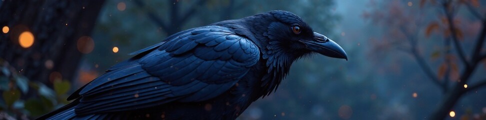 Fototapeta premium The raven's feathers seem to shift and ripple like smoke, glows, soft