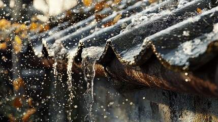 Obraz premium Rainwater cascading down a weathered roof, glistening droplets suspended in mid-air, a scene of natural beauty and the rhythm of nature.