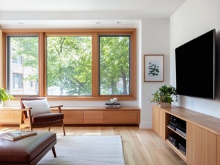 Obraz premium Modern living room interior with large windows and wooden furniture in a bright atmosphere