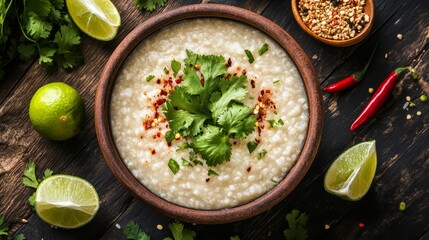 A rustic presentation of rice porridge served in a traditional bowl, surrounded by fresh herbs, chili flakes, and lime wedges for an authentic touch.