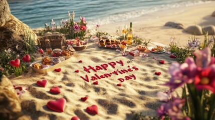 A romantic picnic setup featuring "Happy Valentine's Day" written in the sand, surrounded by heart-shaped snacks and flowers.
