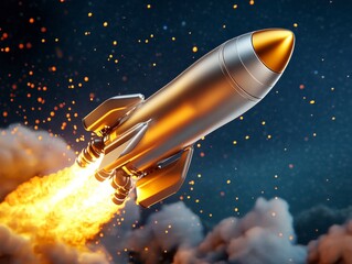 Futuristic Rocket Launching Into Space with Bright Flames and Sparks