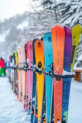 Closeup view of skis in ski resort in skiing season