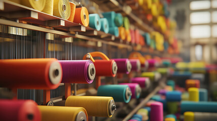 A vibrant display of colorful spools of thread arranged on a textile machine, capturing the essence of weaving and textile production in a bright and detailed industrial setting.