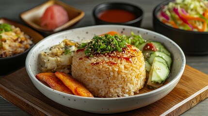 A rustic setting featuring a bowl of hot rice, accompanied by assorted side dishes and a drizzle of soy sauce, all arranged on a wooden surface for a homely feel.