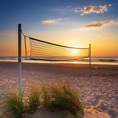 Beach Volleyball nets at sunset, ocean, sand, sky, and grass