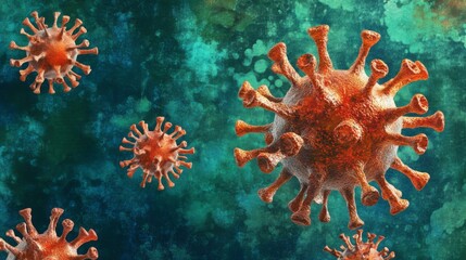 Detailed Digital Rendering of Colorful Virus Particles on Abstract Blue and Green Background, Representing Microbial and Biological Concepts in Healthcare and Science
