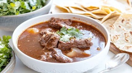 Delicious Authentic Beef Soup with Fresh Cilantro and Tortillas on a Bright Table Setting