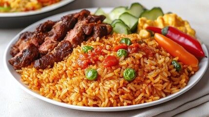 Fototapeta premium Delicious Plate of Jollof Rice with Grilled Chicken and Fresh Vegetables Served on White Dish