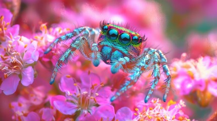 Fototapeta premium Vibrant Peacock Spider Explores a Blooming Pink Flower Garden