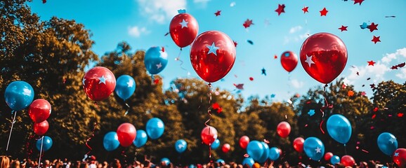 Red and blue balloons float against a sunny sky above a crowd.