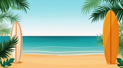 Tropical Beach Scene with Surfboard and Palm Trees in Serene Coastal Landscape