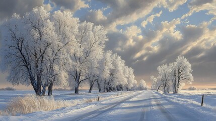 A picturesque winter landscape showcasing a snow-covered road flanked by frost-covered trees under a dramatic sky.