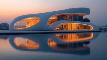 Fototapeta premium Modern futuristic waterfront villa at sunset, reflecting in calm water.