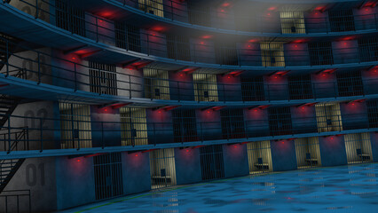 maximum security prison in round shape. Panopticom empty prison at night. 3d rendering.