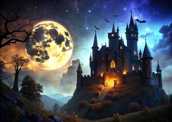 Fototapeta premium Spooky Halloween Castle Night: A Candid Photo of Mysterious Gothic Architecture