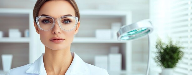 Illustrations of Dermatologists and Beauty Experts in Action, a realistic photo of a dermatologist examining a patient’s skin under a magnifying lamp in a modern clinic, captured with warm.