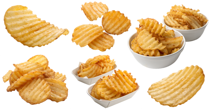 Set of corrugated potato chips isolated on a transparent background. Concept of unhealthy and not healthy food.