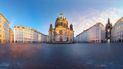 Panoramic view of the  Church of St. Nicholas in Prague, Czech Republic at sunrise, showing the square and surrounding buildings.