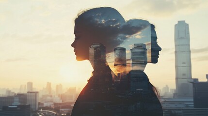 A double exposure image of a woman and a city skyline at sunset, symbolizing connection.