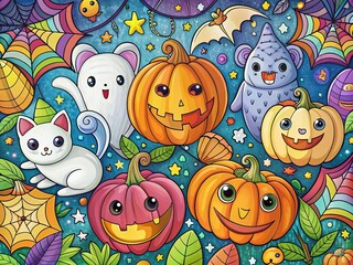 Naklejka premium Spooky Halloween Coloring Page: Cute Ghosts, Pumpkins, and Bats with High Depth of Field