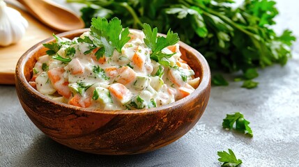 Fresh Seafood Salad with Creamy Dressing and Herbs Served in Wooden Bowl