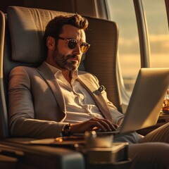 Businessman reading emails in office lobby