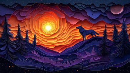 Majestic Wolf Silhouette Against Vibrant Mountain Sunset Landscape