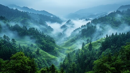 Fototapeta premium Misty mountain valley with terraced rice fields.